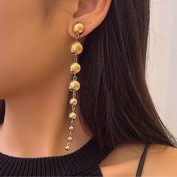 Gold Ball Drop Beaded Dangle Earrings - Picture 2 of 7